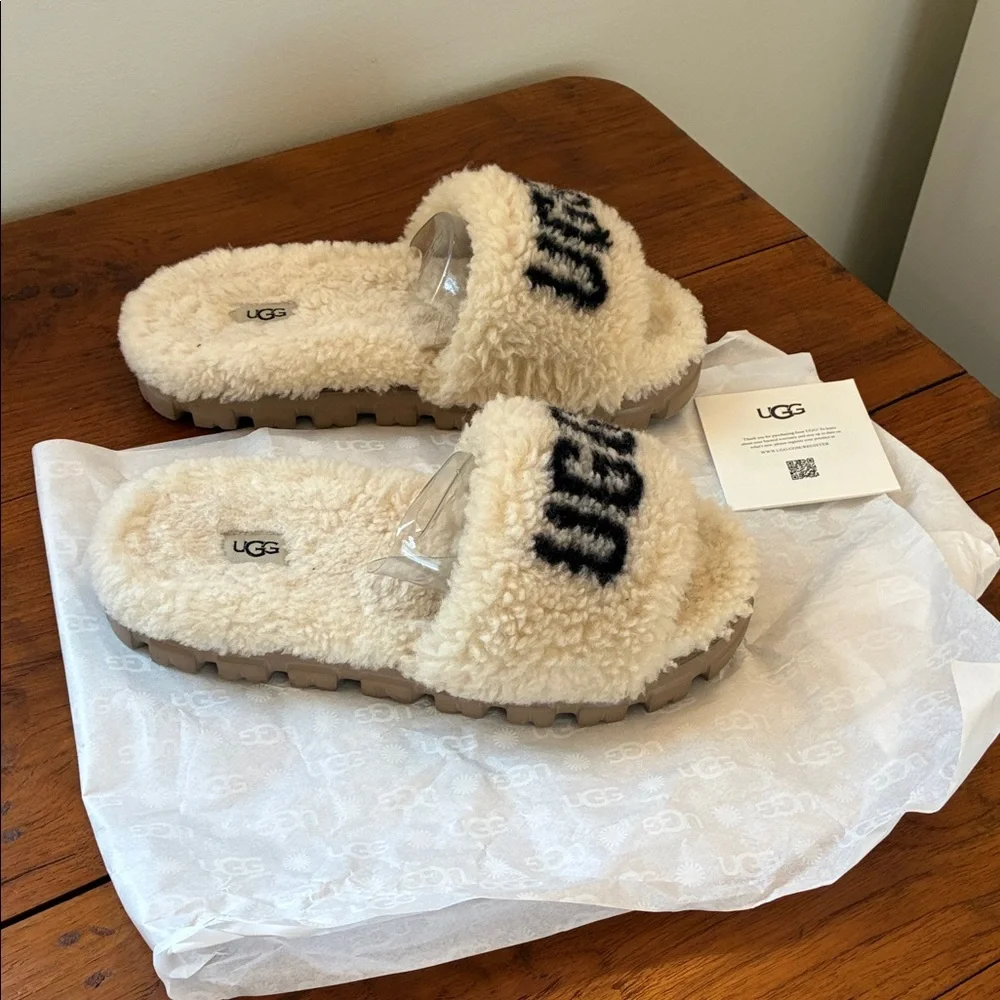 UGG Women’s Cream Shearling Slide Slippers with Black Logo